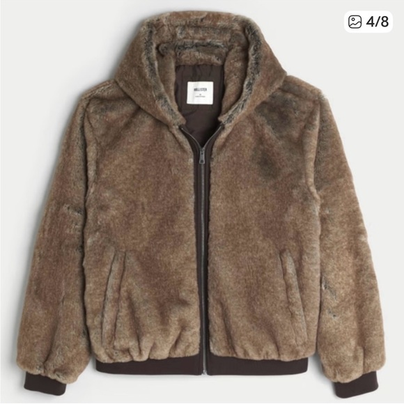 Hollister Men's Brown Faux Fur Hooded Jacket Sz XL - Picture 5 of 8